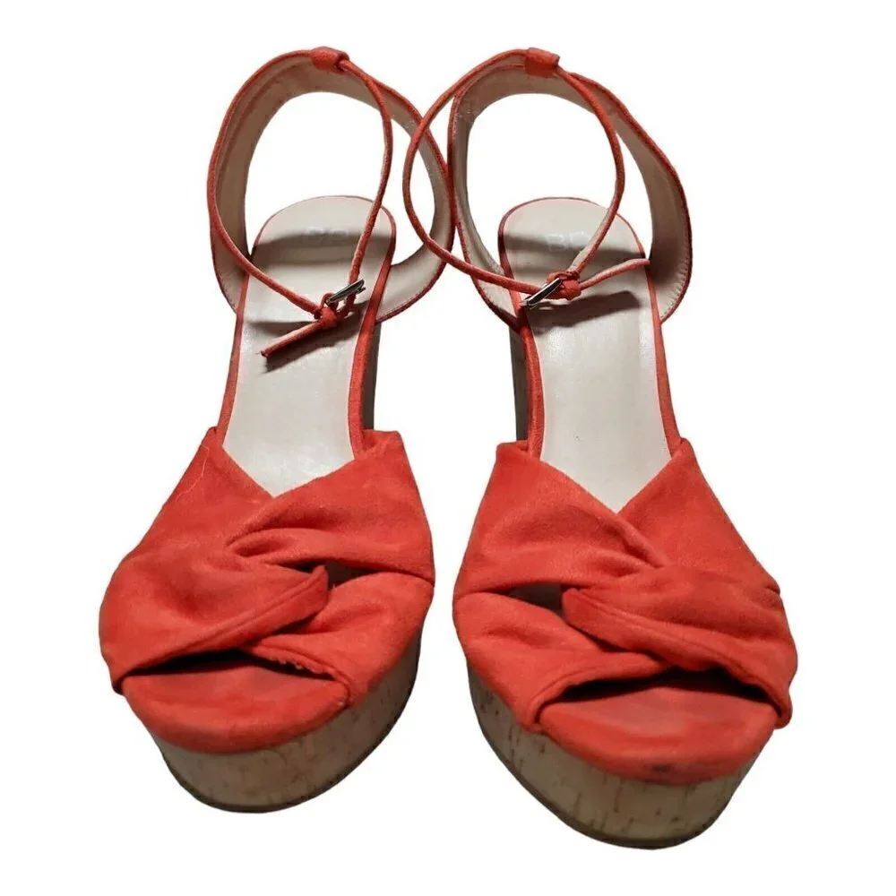 BP Women's Faux Suede Ankle Strap Orange Cork Wedge Heels Open Toe Shoes Sz 10M